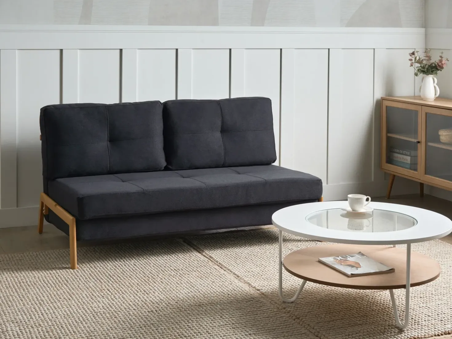 Set da salotto 3 posti EDLAND Tessuto Nero con Pouf
