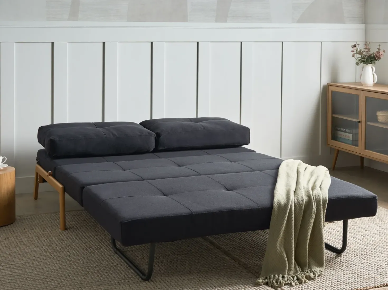 Set da salotto 3 posti EDLAND Tessuto Nero con Pouf