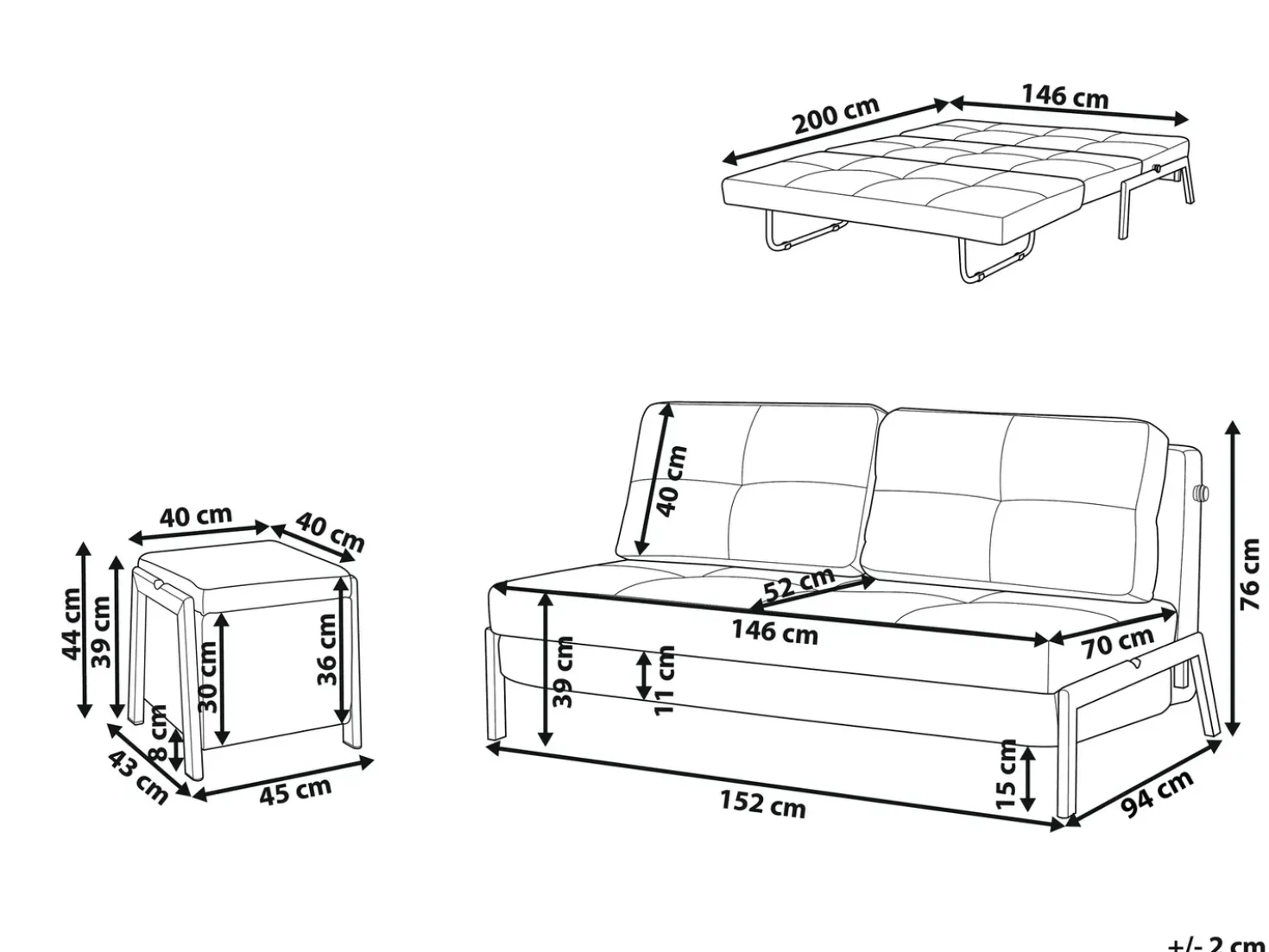 Set da salotto 3 posti EDLAND Tessuto Nero con Panca