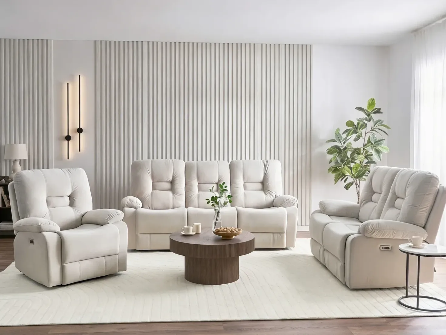 Set da salotto reclinabile elettrico 6 posti BERGEN Velluto Beige chiaro con porta USB