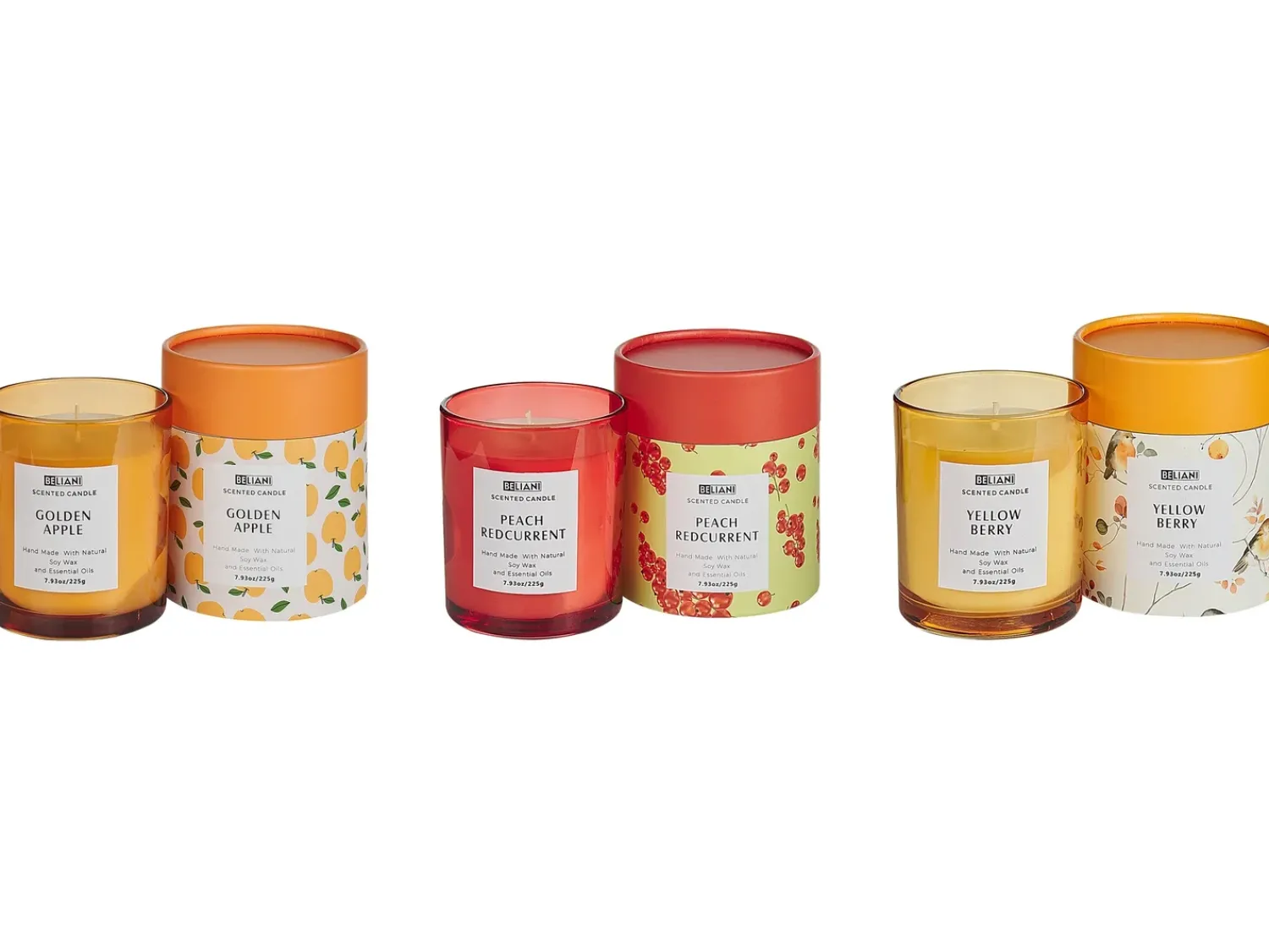 Beliani Set di 3 Candele Profumate COLORFUL BARREL Cera di Soia Note fruttate Giallo Arancione Rosso