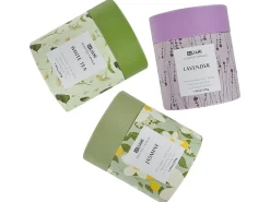 Beliani Set di 3 Candele Profumate COLORFUL BARREL Cera di Soia Note fresche Note floreali Viola Verde