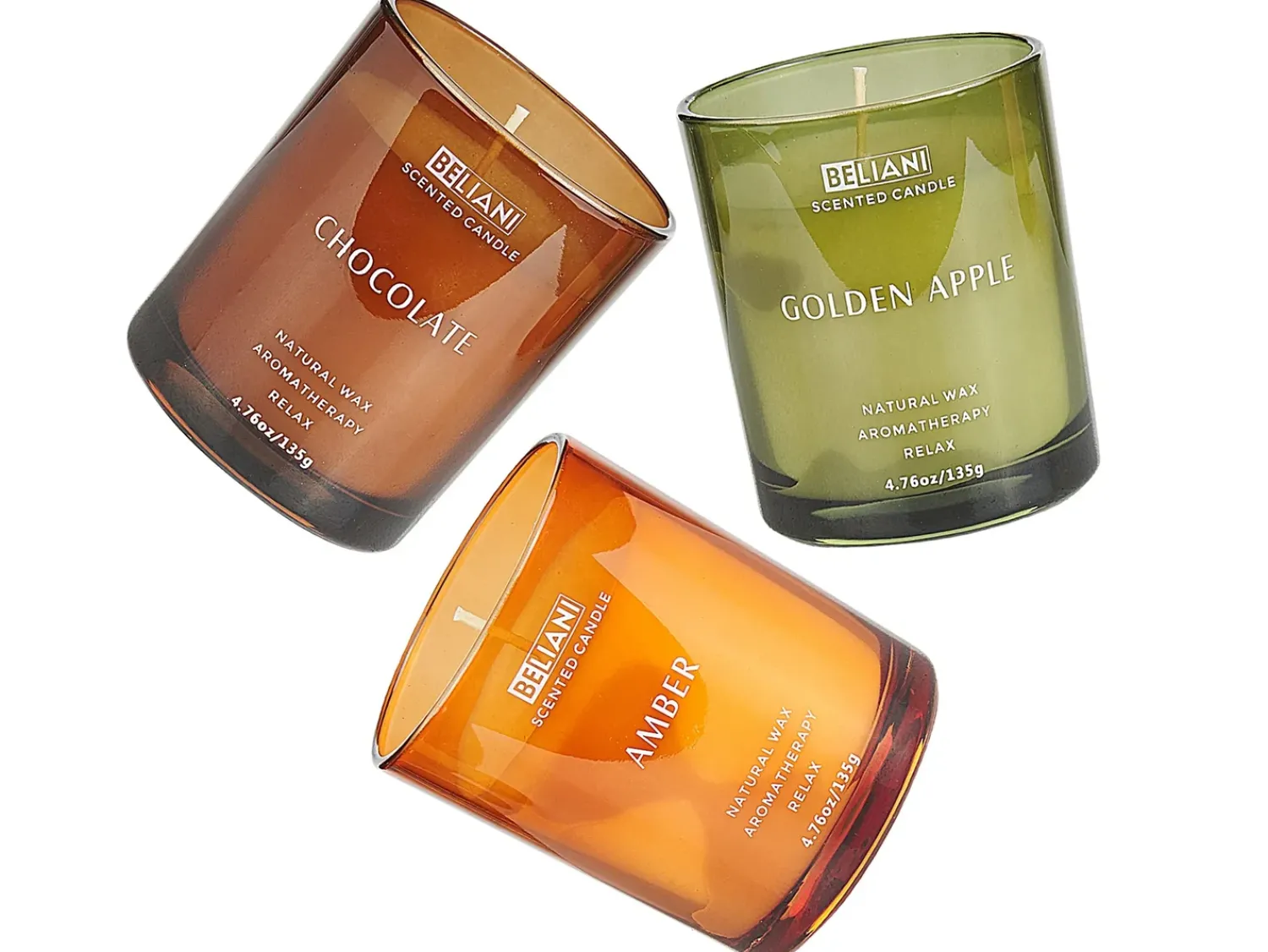 Discount Beliani Set di 3 Candele Profumate SHEER JOY Cera di Soia Note fruttate Note fresche Arancione Verde Marrone