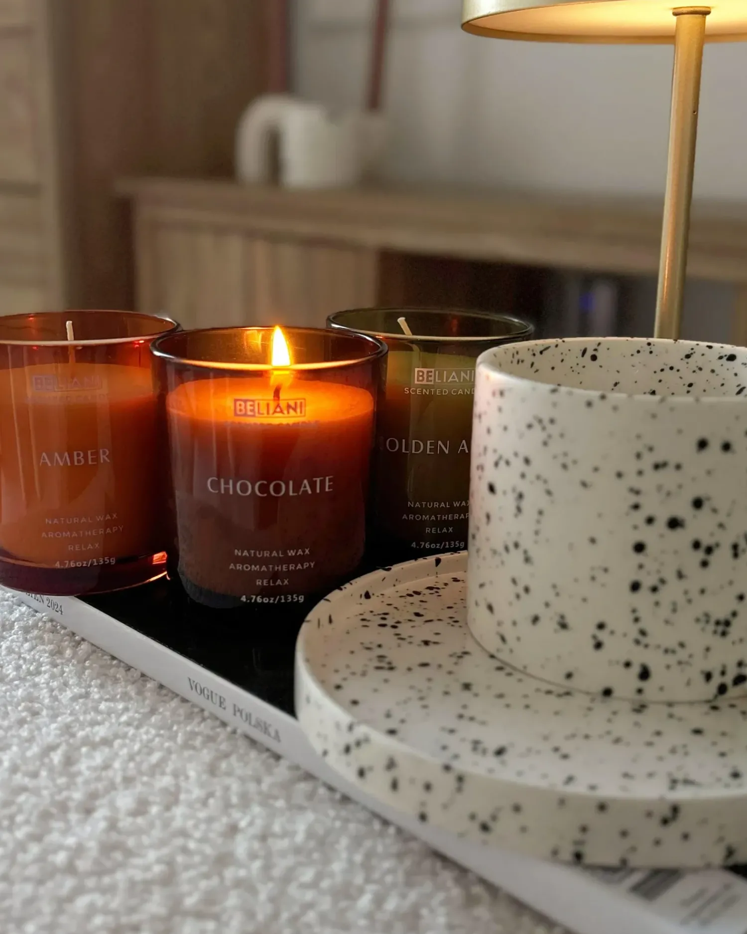 Discount Beliani Set di 3 Candele Profumate SHEER JOY Cera di Soia Note fruttate Note fresche Arancione Verde Marrone