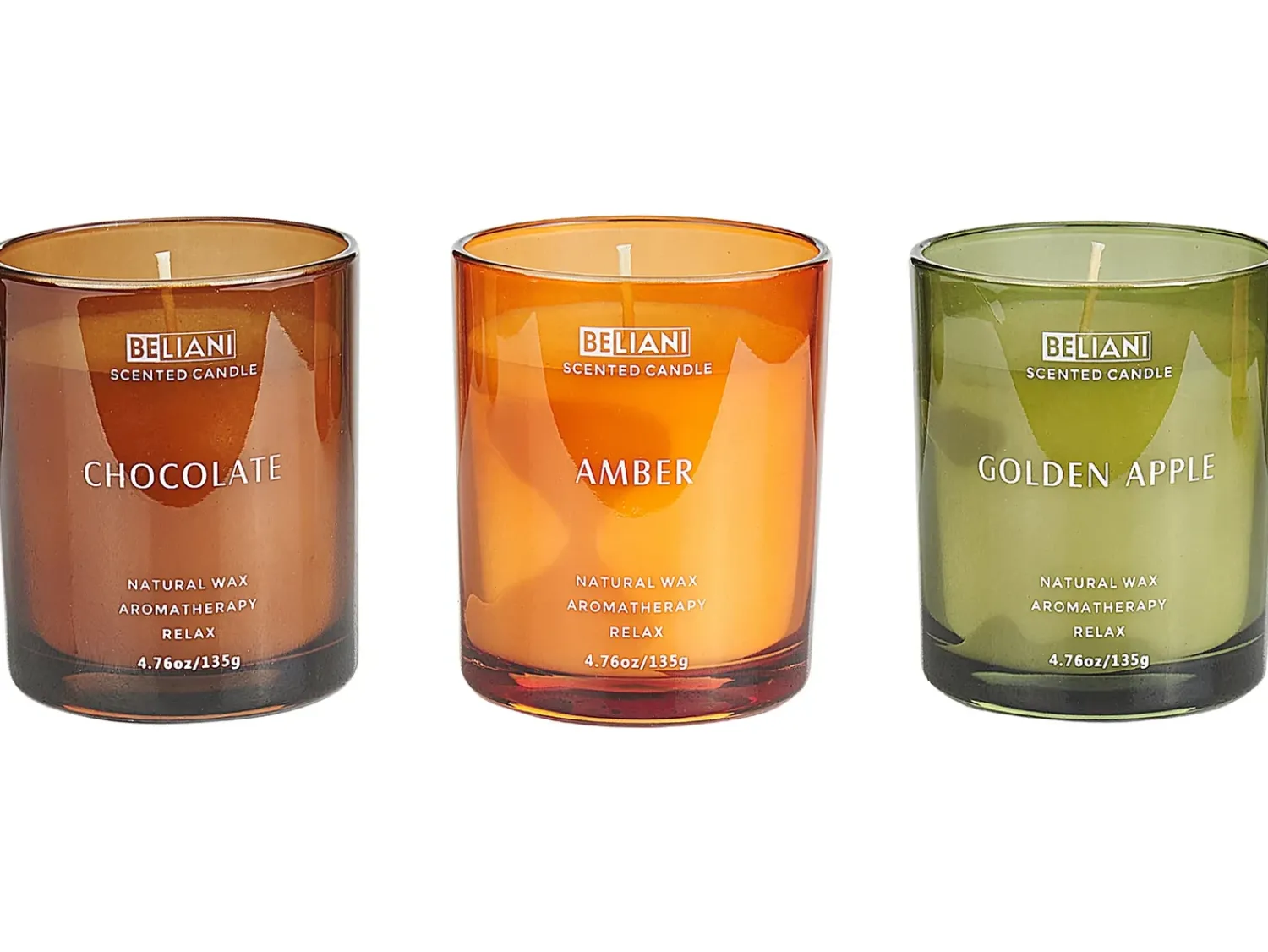 Discount Beliani Set di 3 Candele Profumate SHEER JOY Cera di Soia Note fruttate Note fresche Arancione Verde Marrone