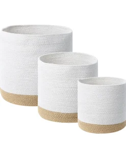 Discount Beliani Set di 3 cestini BASIMA Cotone Bianco Beige Bianco