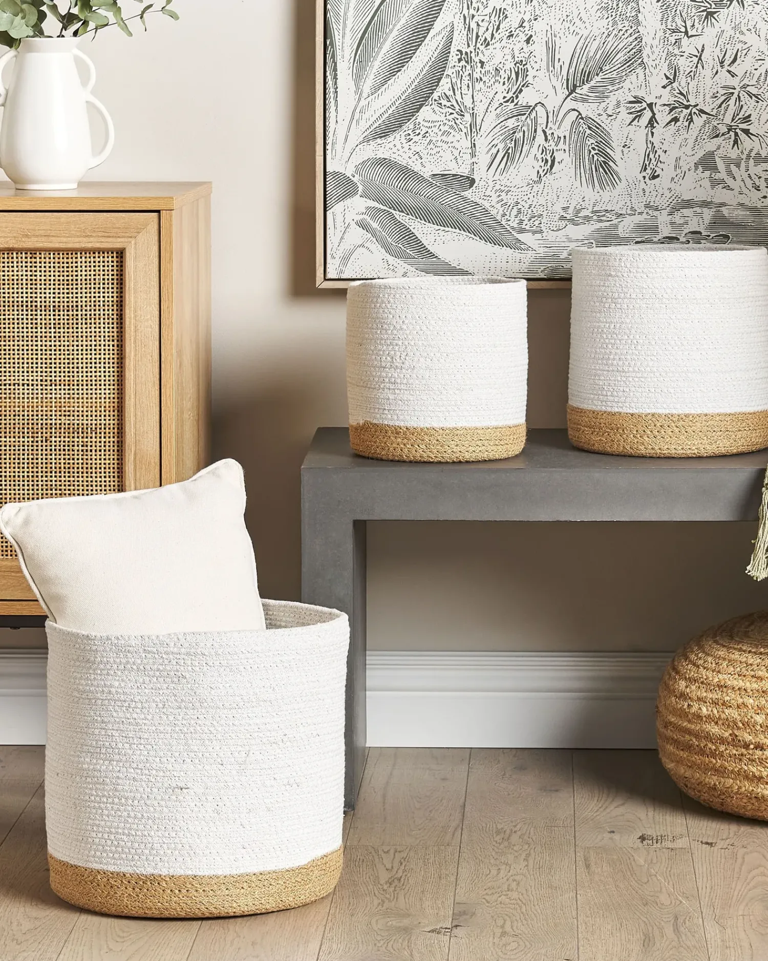 Discount Beliani Set di 3 cestini BASIMA Cotone Bianco Beige Bianco
