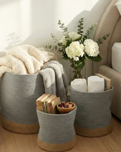 Online Beliani Set di 3 cestini BASIMA Cotone Grigio Beige Grigio