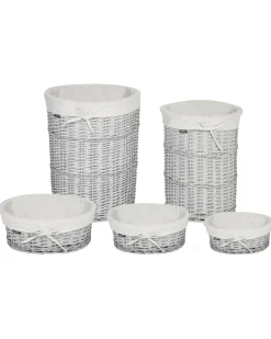 Outlet Beliani Set di 5 cestini VAKARI Legno di salice Bianco 55/89 L Bianco Grigio