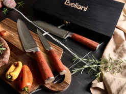 Hot Beliani Set di 3 coltelli Acciaio Damasco KASHIWA Marrone