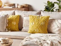 New Beliani Set di 2 cuscini ALCEA Cotone 45 x 45 cm Giallo Trama geometrica Beige Giallo