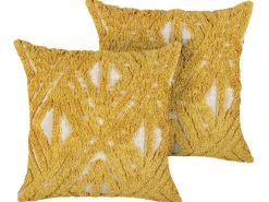 New Beliani Set di 2 cuscini ALCEA Cotone 45 x 45 cm Giallo Trama geometrica Beige Giallo
