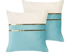 Discount Beliani Set di 2 cuscini ALLIUM Velluto 45 x 45 cm Blu A strisce Beige Blu Oro
