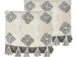 Hot Beliani Set di 2 cuscini ALOCASIA Cotone 45 x 45 cm Beige Trama geometrica Beige Bianco Grigio