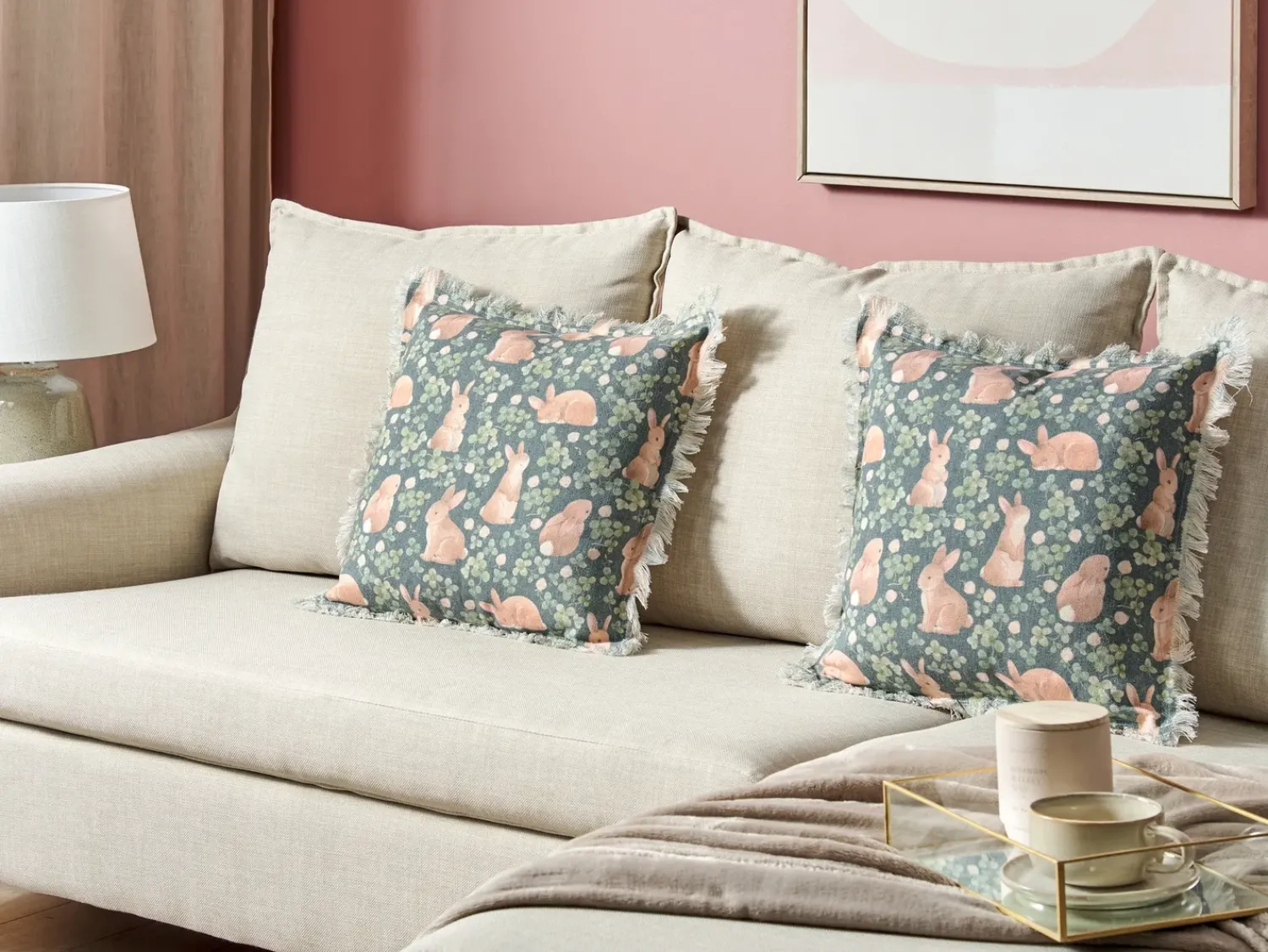 Sale Beliani Set di 2 cuscini ALSTROEMERIA Cotone 45 x 45 cm Verde Trama animale Beige Verde