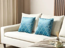 New Beliani Set di 2 cuscini ALYSSUM Velluto 45 x 45 cm Blu Trama Trellis Oro Blu