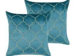 New Beliani Set di 2 cuscini ALYSSUM Velluto 45 x 45 cm Blu Trama Trellis Oro Blu
