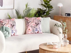 Beliani Set di 2 cuscini ANEMONES Velluto 45 x 45 cm Rosa pastello Trama floreale Bianco Rosa Viola