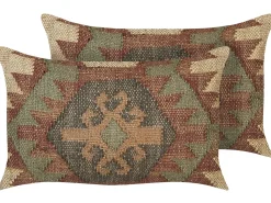 New Beliani Set di 2 cuscini ARVEN Iuta Marrone Trama orientale Beige Marrone Rosso Verde Multicolore