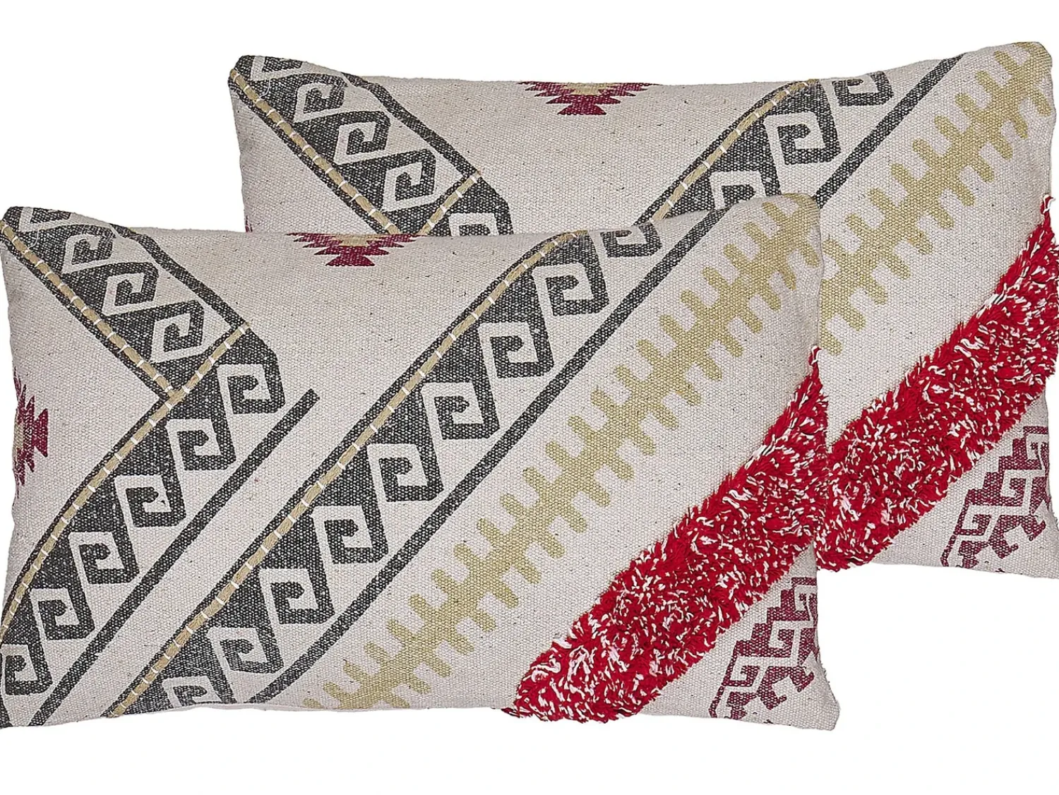 Beliani Set di 2 cuscini BETULA Cotone 30 x 50 cm Beige Trama geometrica Beige Grigio Rosso