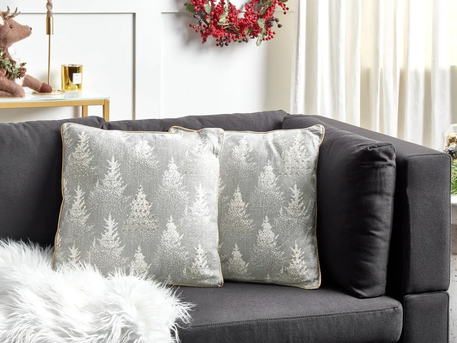 Hot Beliani Set di 2 cuscini BILLBERGIA Cotone 45 x 45 cm Grigio Modello natalizio Bianco Oro Grigio