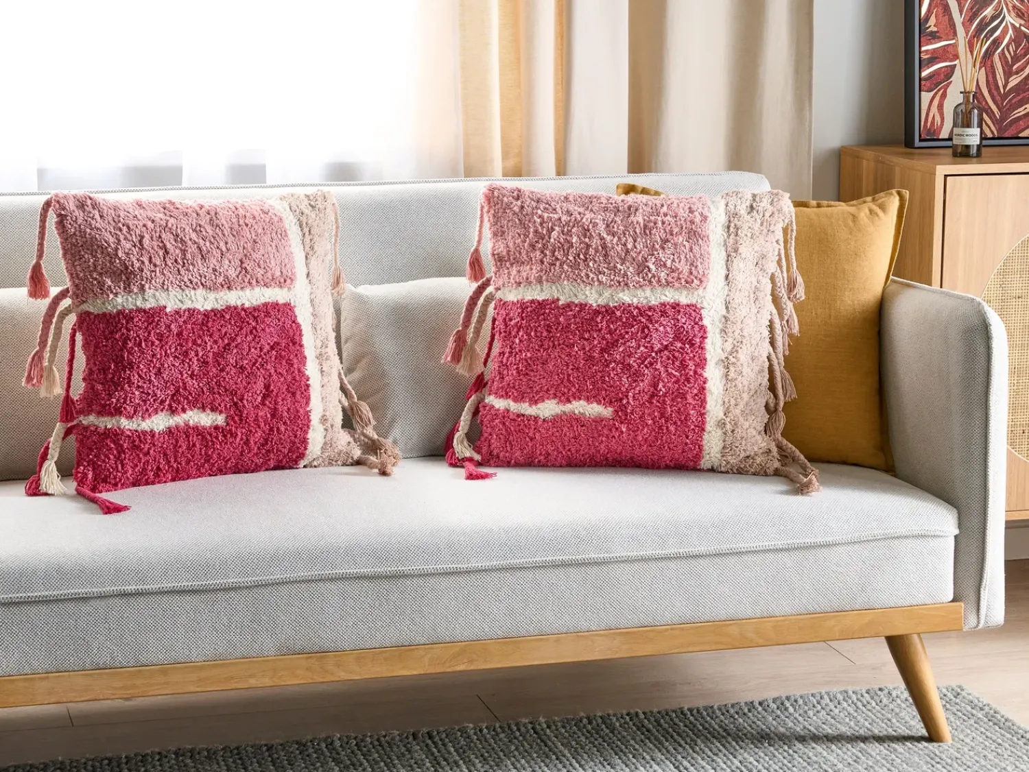 New Beliani Set di 2 cuscini BISTORTA Cotone 45 x 45 cm Rosa Trama geometrica Bianco Rosa