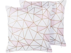 New Beliani Set di 2 cuscini CLARKIA Cotone 45 x 45 cm Rosa Trama geometrica Bianco Oro Rosa