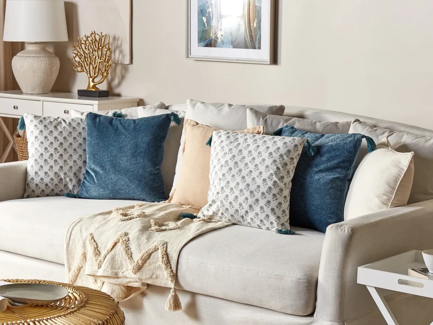 Clearance Beliani Set di 2 cuscini CORNUS Cotone 45 x 45 cm Blu Trama floreale Bianco Blu Grigio