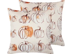 New Beliani Set di 2 cuscini CUCURBITA Velluto 45 x 45 cm Beige Trama di piante Arancione Bianco Beige