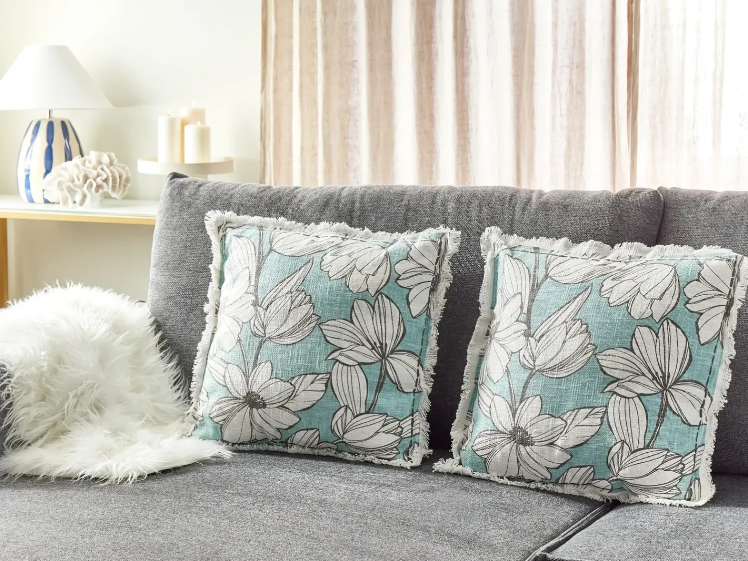 Discount Beliani Set di 2 cuscini CYANOTIS Cotone 45 x 45 cm Azzurro Trama floreale Bianco Blu