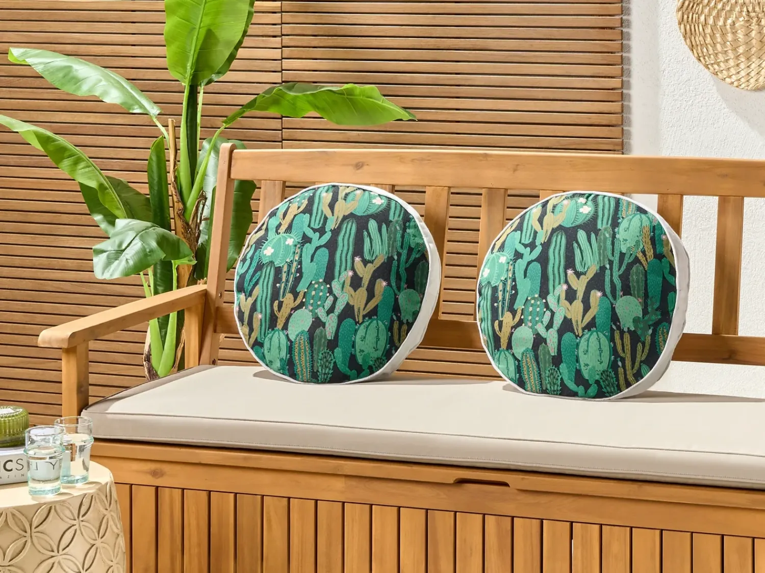 Discount Beliani Set di 2 cuscini da esterno BUSSANA Trama di piante Verde Blu Verde
