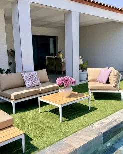 Hot Beliani Set di 3 cuscini da esterno SAMMIT Trama orientale 45 x 45 cm Multicolore Beige Rosa Multicolore Viola
