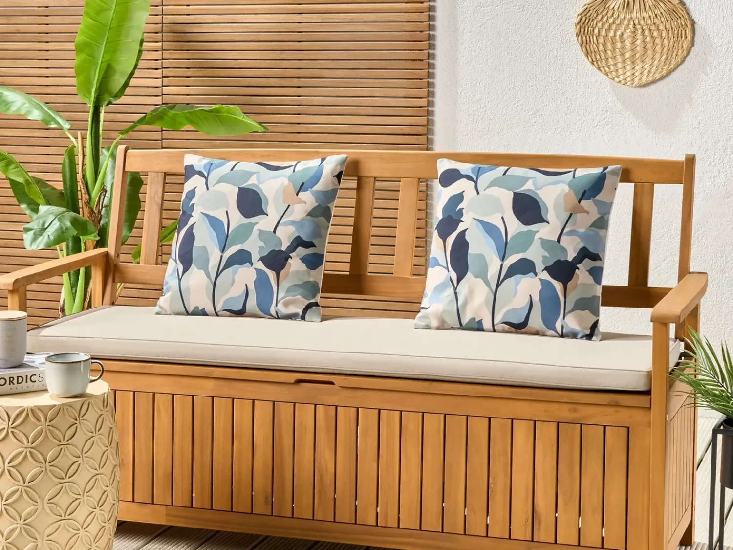 Online Beliani Set di 2 cuscini da esterno VEGLINO Trama di piante 45 x 45 cm Blu Bianco Blu