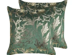 Hot Beliani Set di 2 cuscini DAFFODIL Velluto 45 x 45 cm Verde smeraldo Trama floreale Oro Verde