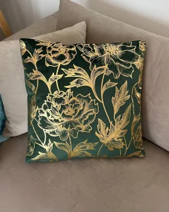 Hot Beliani Set di 2 cuscini DAFFODIL Velluto 45 x 45 cm Verde smeraldo Trama floreale Oro Verde