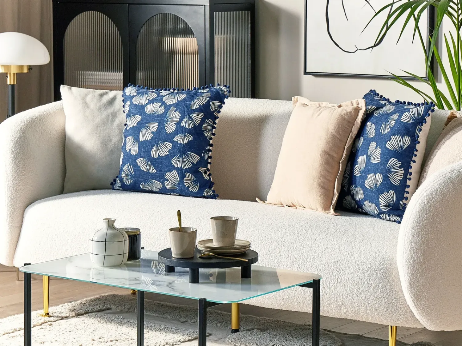 Best Beliani Set di 2 cuscini DANDELION 45 x 45 cm Blu scuro Trama di piante Bianco Blu