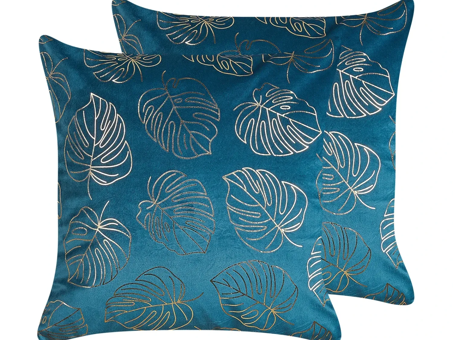 Outlet Beliani Set di 2 cuscini DELICIOSA Velluto 45 x 45 cm Blu Trama di piante Oro Blu