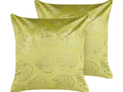 Online Beliani Set di 2 cuscini DELICIOSA Velluto 45 x 45 cm Verde chiaro Trama di piante Oro Verde