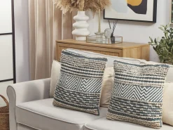 Beliani Set di 2 cuscini DEWBERRY Cotone 45 x 45 cm Blu Trama geometrica Beige Blu