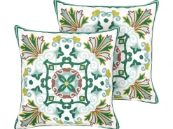 Beliani Set di 2 cuscini ELANITE Cotone 45 x 45 cm Trama orientale Verde