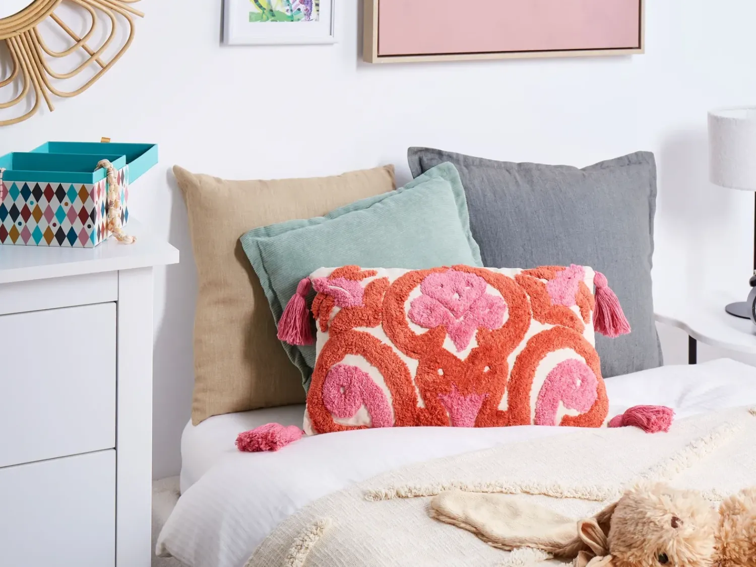Online Beliani Set di 2 cuscini FRAKSINUS Cotone 30 x 50 cm Rosa Trama geometrica Bianco Rosa Rosso