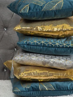 Sale Beliani Set di 2 cuscini FREESIA Velluto 45 x 45 cm Foglia di tè Trama di piante Oro Blu