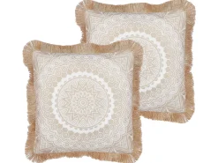 Beliani Set di 2 cuscini GERANIUM 45 x 45 cm Beige Trama orientale Beige Bianco