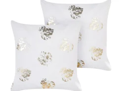 Clearance Beliani Set di 2 cuscini GOLDENROD Velluto 45 x 45 cm Bianco Trama di piante Bianco Oro