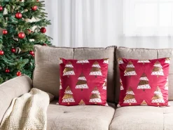 Best Beliani Set di 2 cuscini GOLDSPRUCE Velluto 45 x 45 cm Rosso Modello natalizio Bianco Rosso Oro