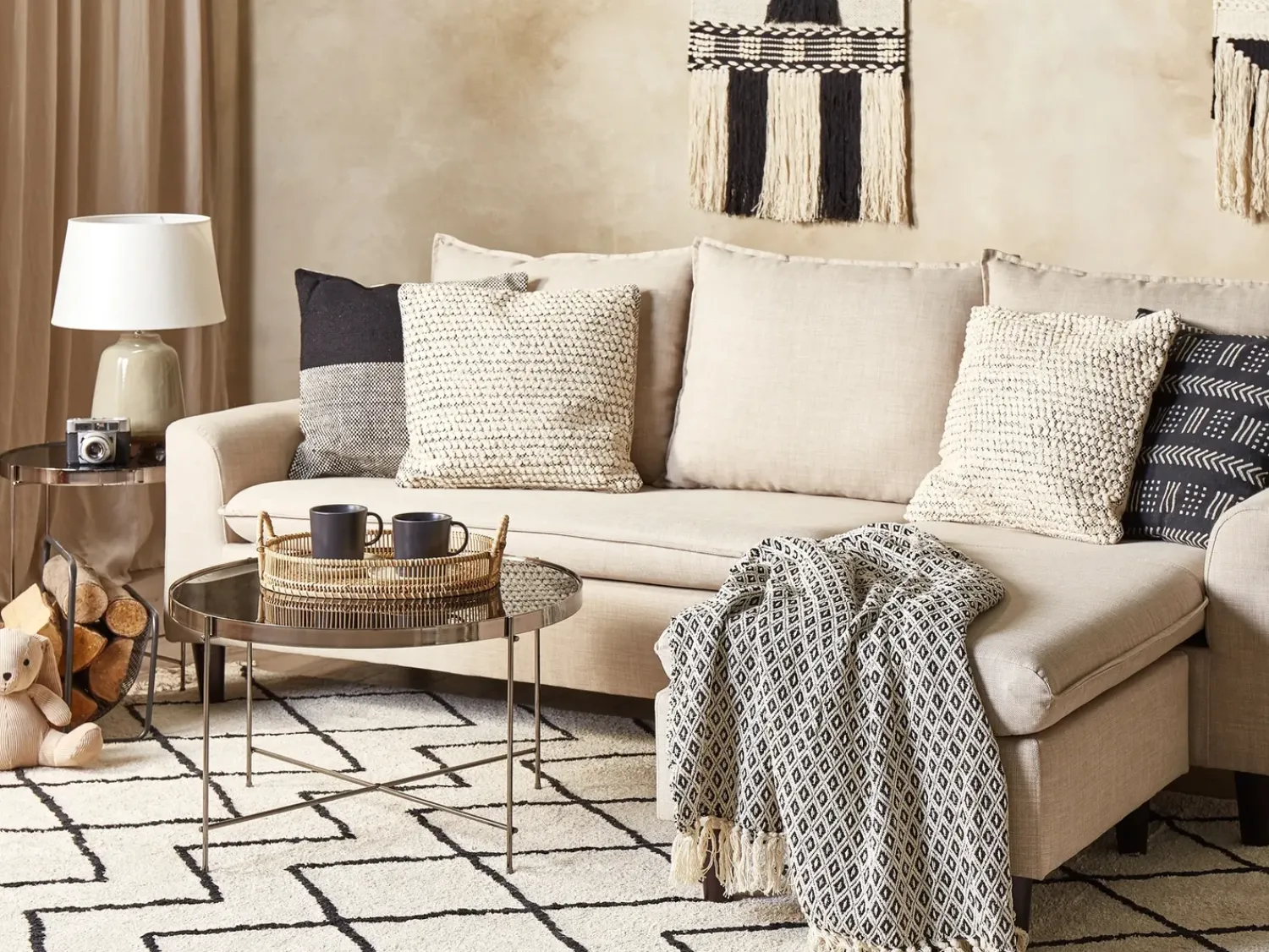 New Beliani Set di 2 cuscini HOWEA Cotone 45 x 45 cm Beige Trama geometrica Beige Nero