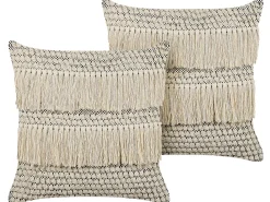 New Beliani Set di 2 cuscini IRESINE Cotone 45 x 45 cm Beige Trama geometrica Beige Nero