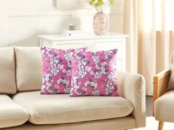 Beliani Set di 2 cuscini KOELERIA Velluto 45 x 45 cm Fucsia Trama floreale Bianco Grigio Rosa