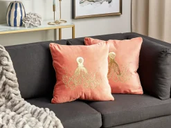 Hot Beliani Set di 2 cuscini LAMINARIA Velluto 45 x 45 cm Corallo Trama animale Oro Rosso