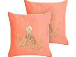 Hot Beliani Set di 2 cuscini LAMINARIA Velluto 45 x 45 cm Corallo Trama animale Oro Rosso